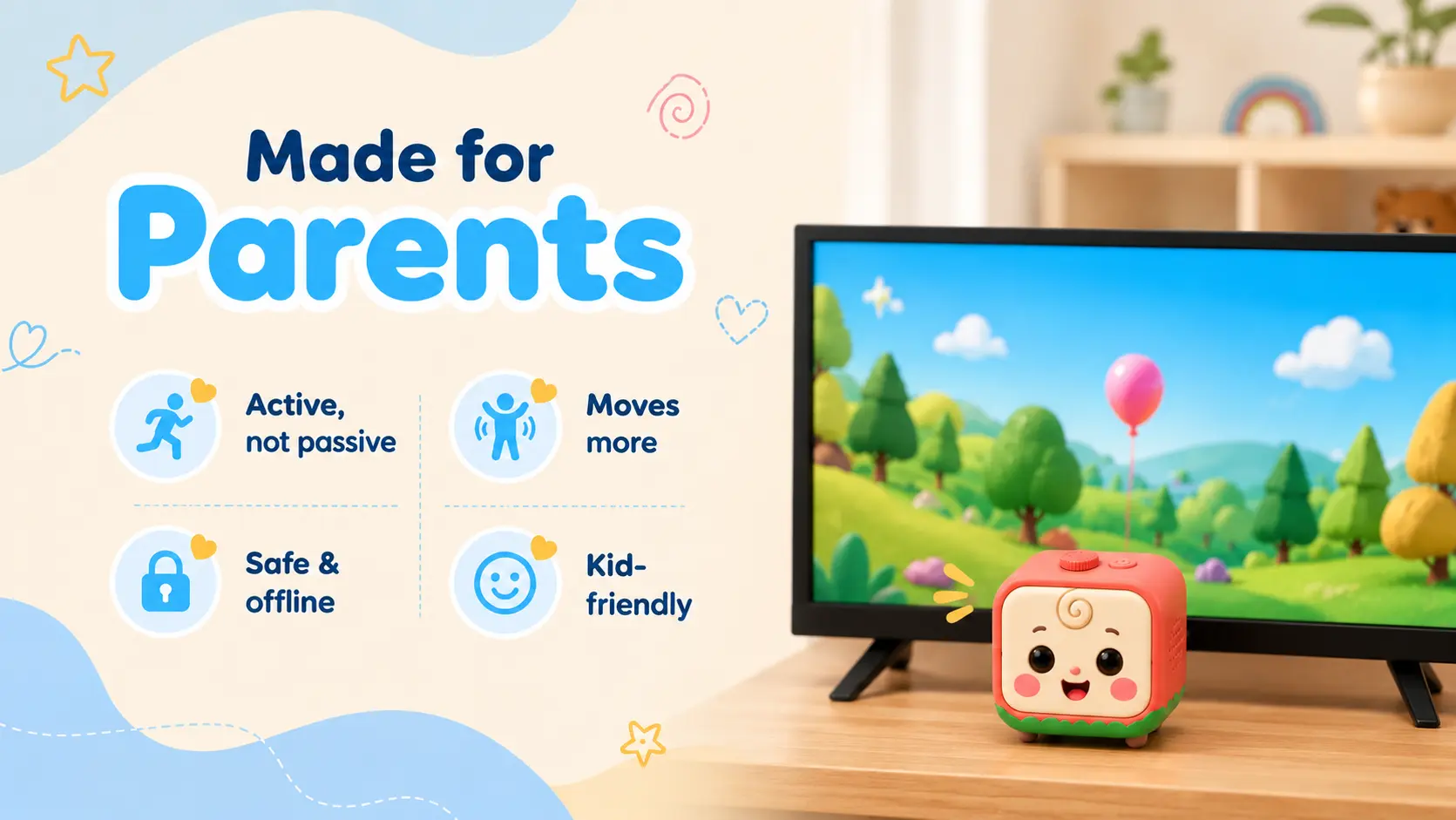 Just move — a child reaching towards the TV while Peekazoo watches